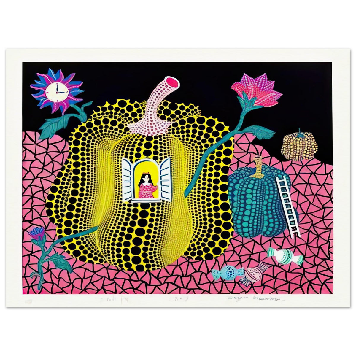 Yayoi Kusama poster — Hello (Image 1) is presented here as a poster based on Yayoi Kusama’s artwork, 15x20 cm / 6x8″