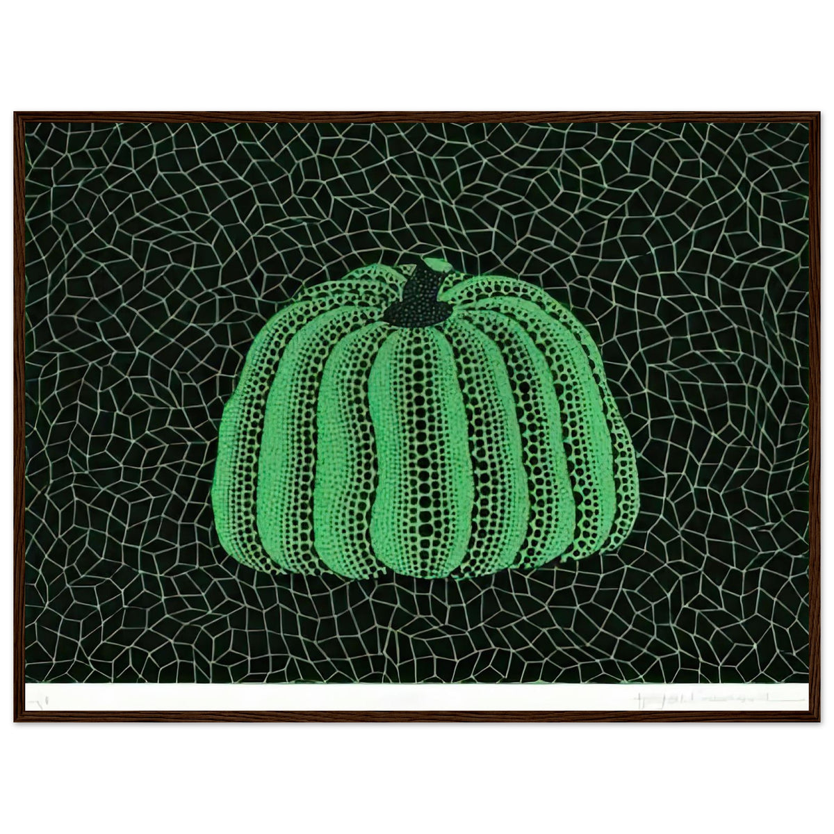 Yayoi Kusama framed print — Pumpkin (Green, Version 2) presents Kusama’s familiar pumpkin through an explicitly green variation, dark wood frame, 60x80 cm / 24x32″