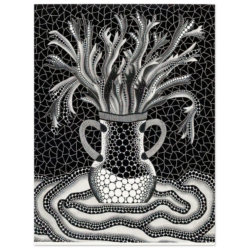 Yayoi Kusama poster — A vase holds an exuberant arrangement of branching, elongated floral forms, while repeated dots animate both the vessel and its surroundings, 15x20 cm / 6x8″
