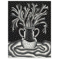 Yayoi Kusama poster — A vase holds an exuberant arrangement of branching, elongated floral forms, while repeated dots animate both the vessel and its surroundings, 15x20 cm / 6x8″