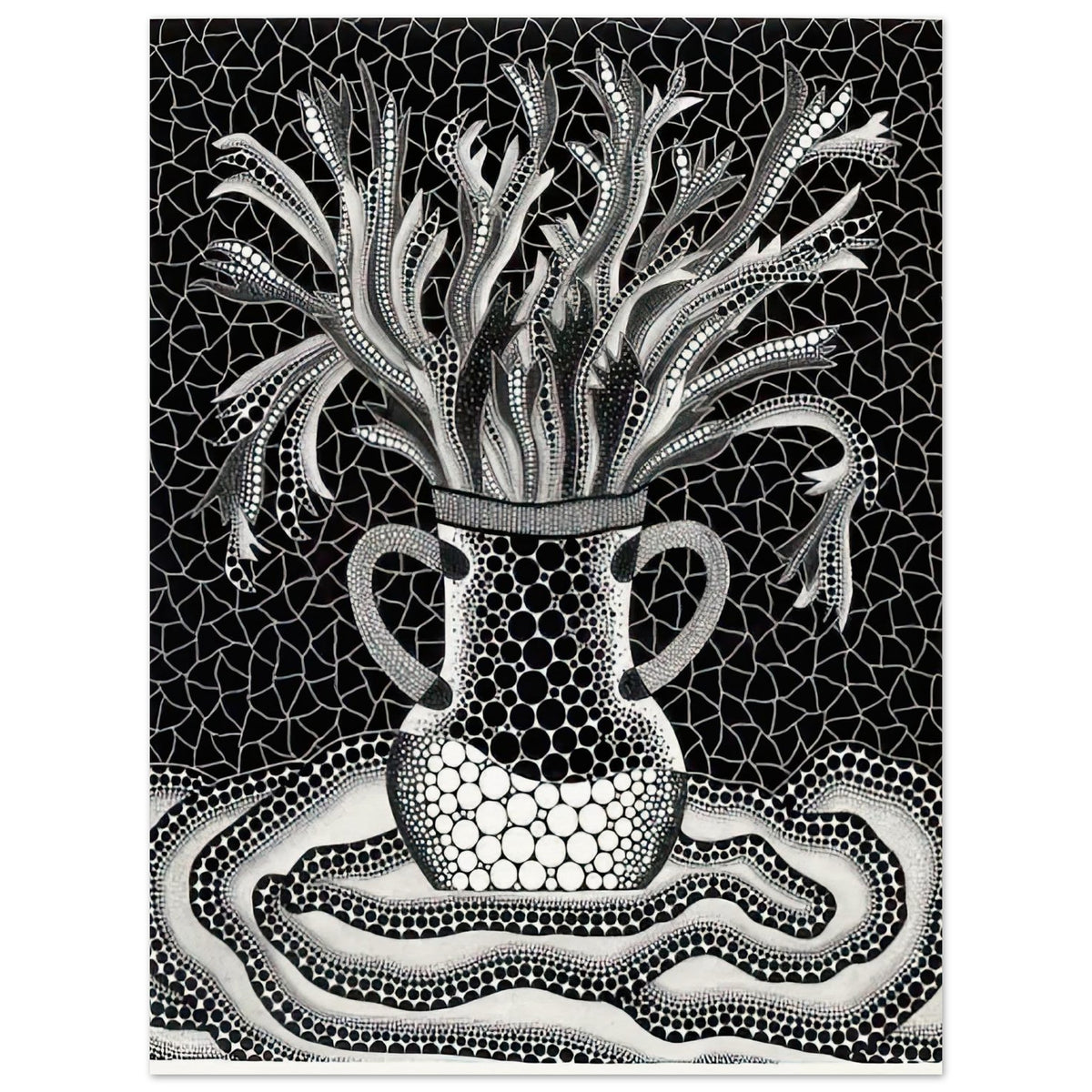 Yayoi Kusama poster — A vase holds an exuberant arrangement of branching, elongated floral forms, while repeated dots animate both the vessel and its surroundings, 15x20 cm / 6x8″