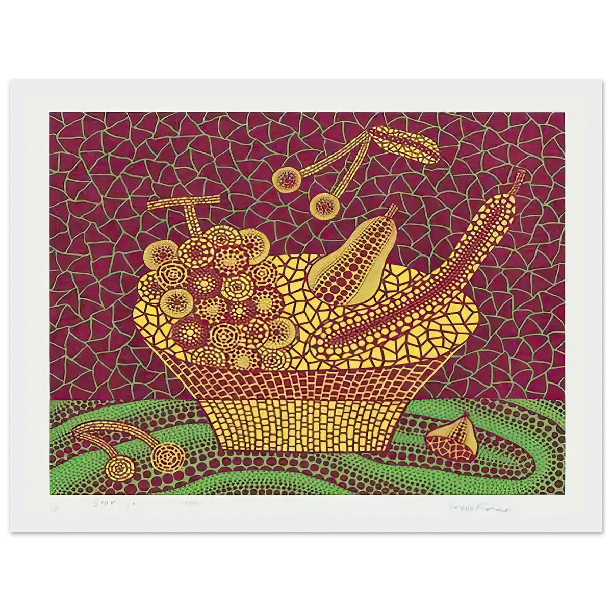 Yayoi Kusama framed print — Fruit Basket (3) by Yayoi Kusama explores one of the artist’s recurring subjects: the abundance of ordinary fruit, white frame, 30x40 cm / 12x16″