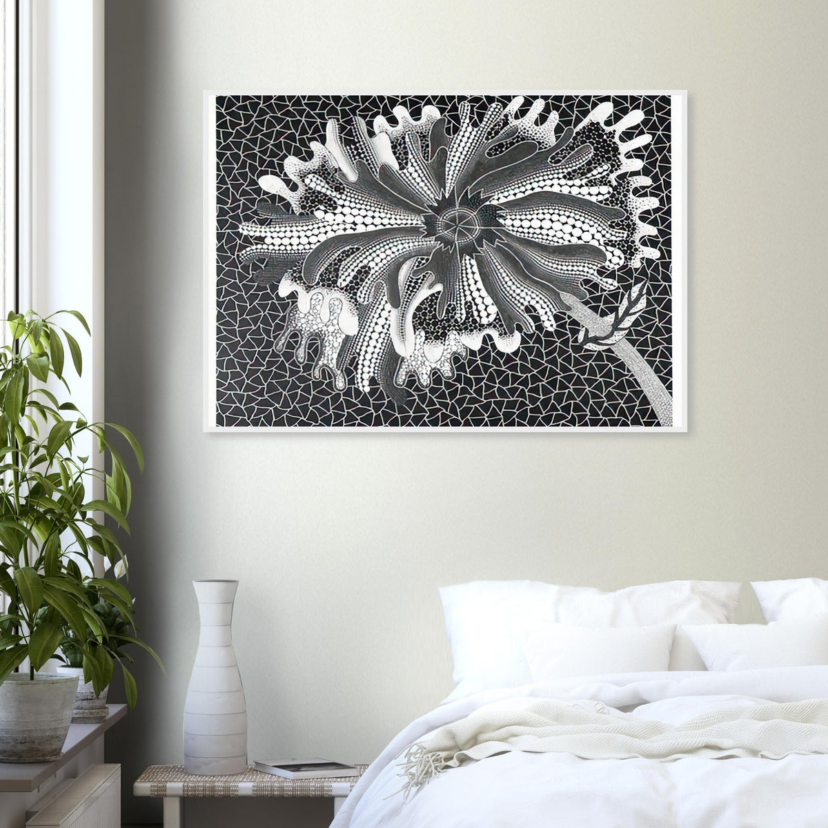 Yayoi Kusama framed print — Flower (XL) treats a single flowering motif as a complete visual world
