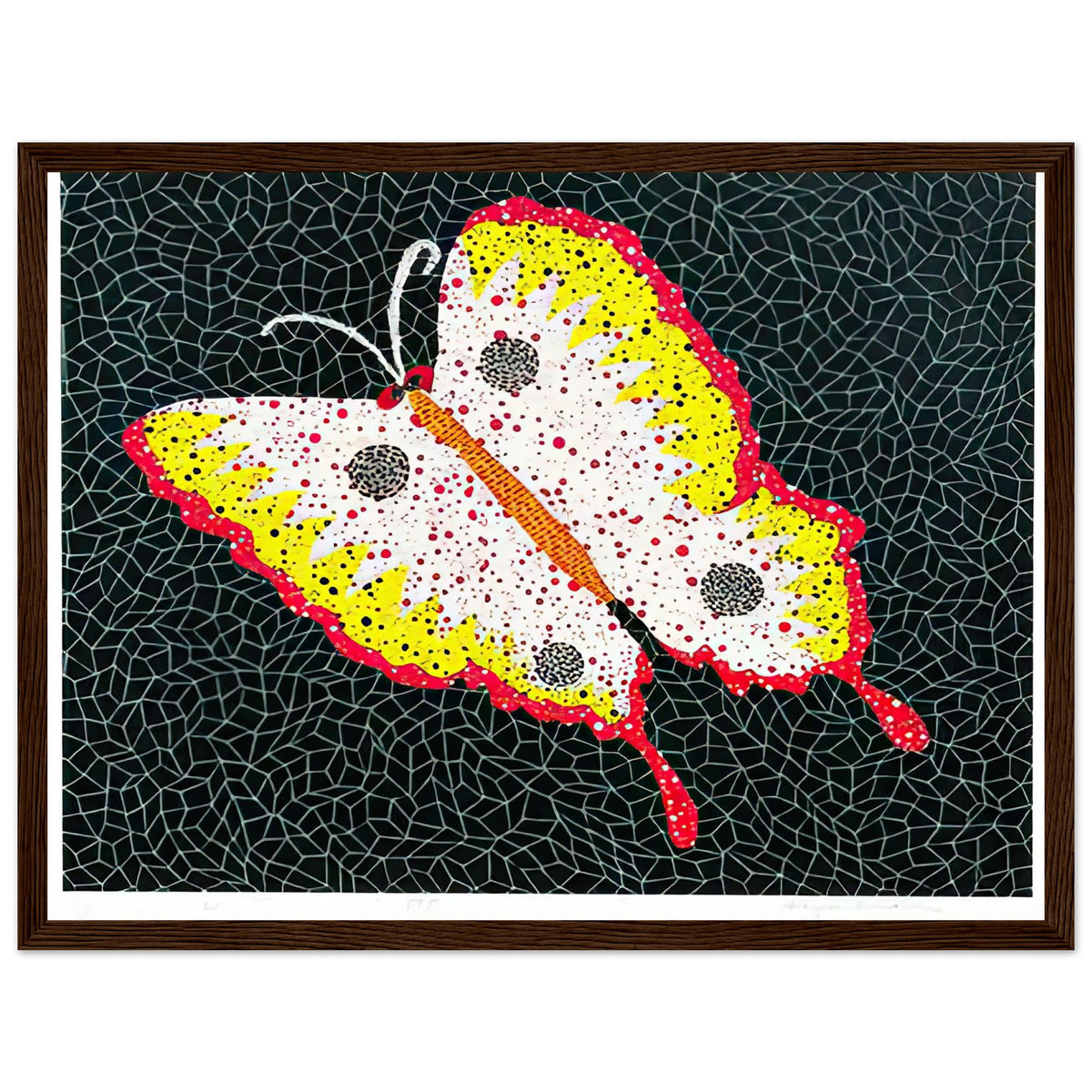 Yayoi Kusama framed print — Butterfly [Kusama 81] by Yayoi Kusama takes the lightness of a butterfly and gives it graphic intensity through pattern, dark wood frame, 30x40 cm / 12x16″