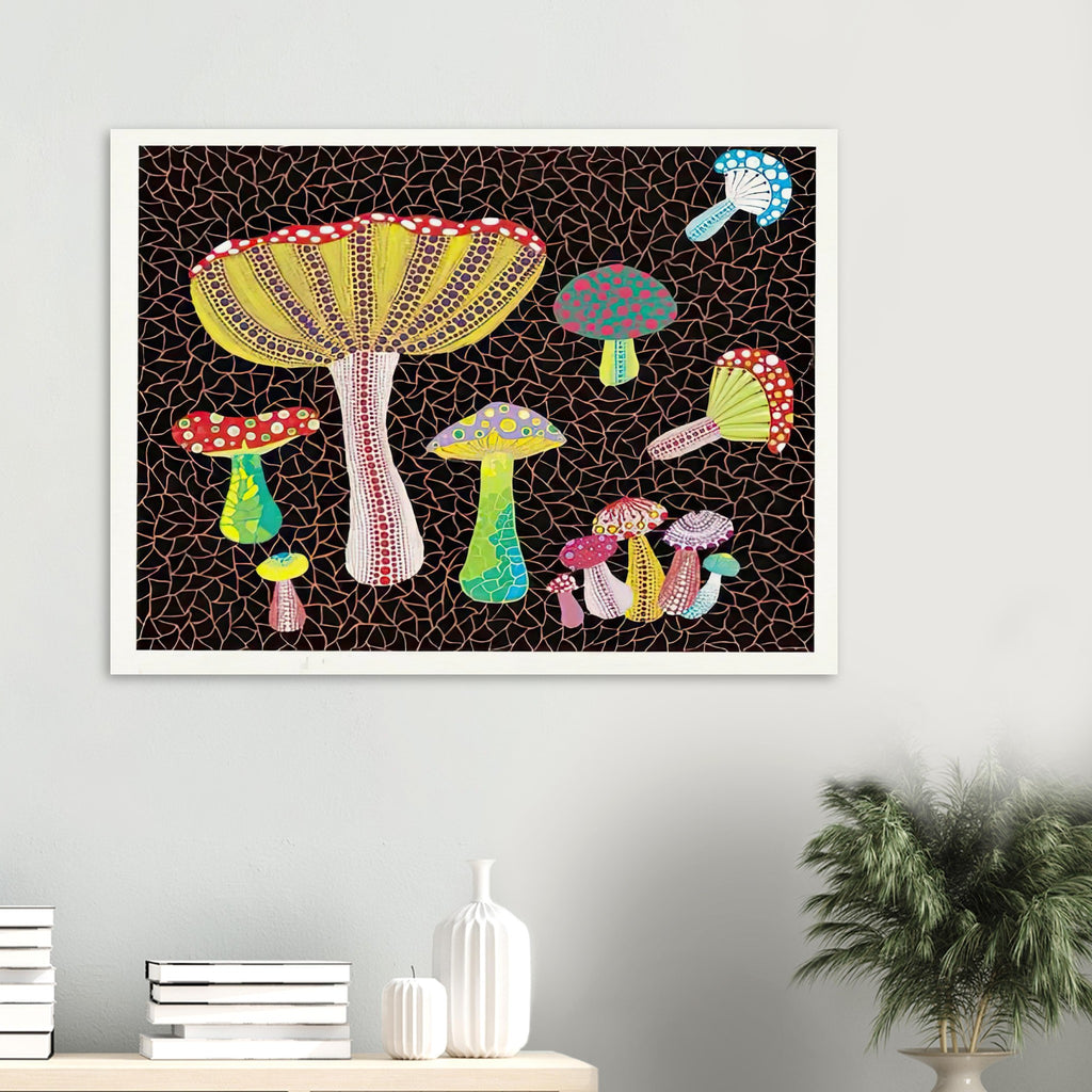 Yayoi Kusama poster — Toadstools explores the eccentric shapes of woodland fungi, balancing rounded caps and slender supports