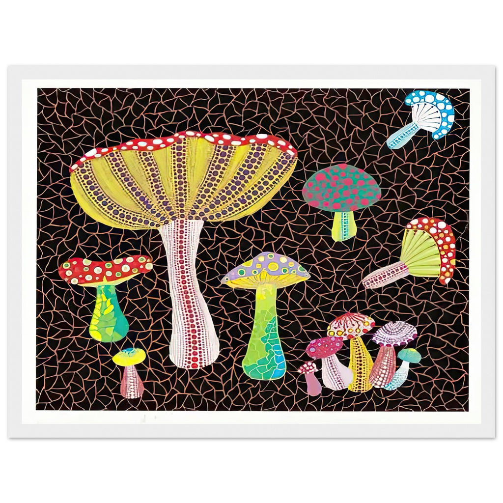 Yayoi Kusama framed print — Toadstools explores the eccentric shapes of woodland fungi, balancing rounded caps and slender supports, white frame, 30x40 cm / 12x16″