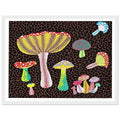 Yayoi Kusama framed print — Toadstools explores the eccentric shapes of woodland fungi, balancing rounded caps and slender supports, white frame, 30x40 cm / 12x16″