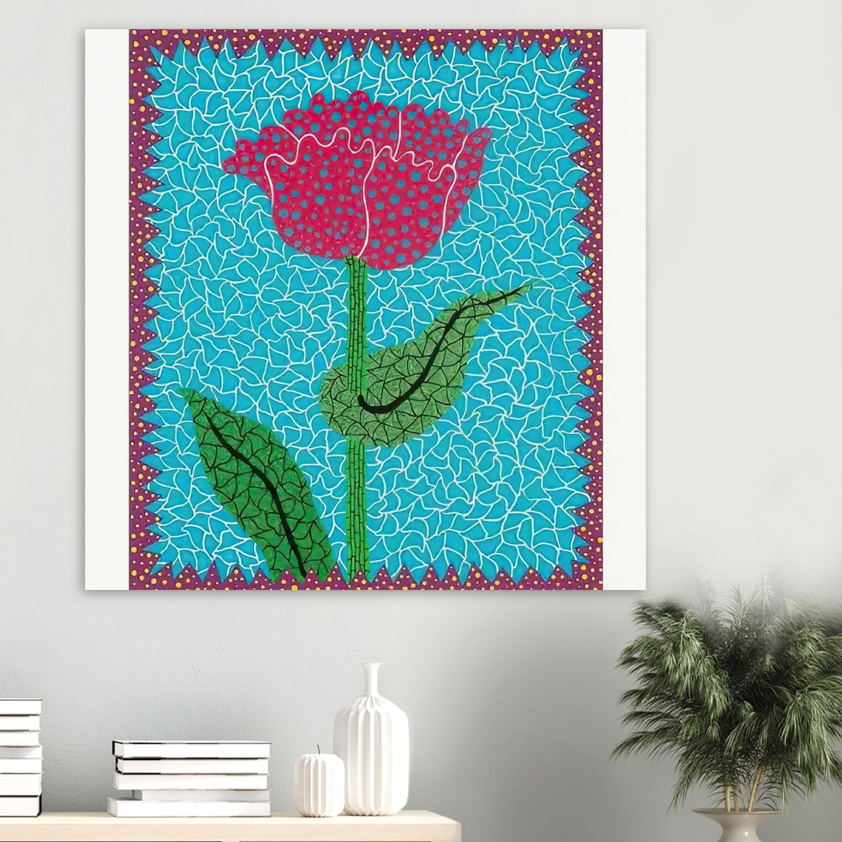 Yayoi Kusama poster — Tulipe II (Amour Pour Toujours) poster by Yayoi Kusama explores a stylized tulip from the Amour Pour Toujours print portfolio