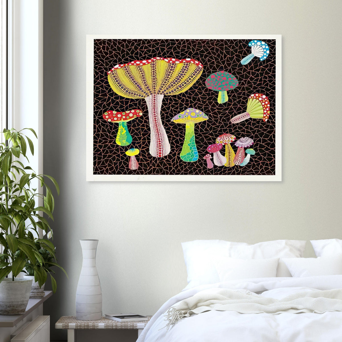 Yayoi Kusama poster — Toadstools explores the eccentric shapes of woodland fungi, balancing rounded caps and slender supports