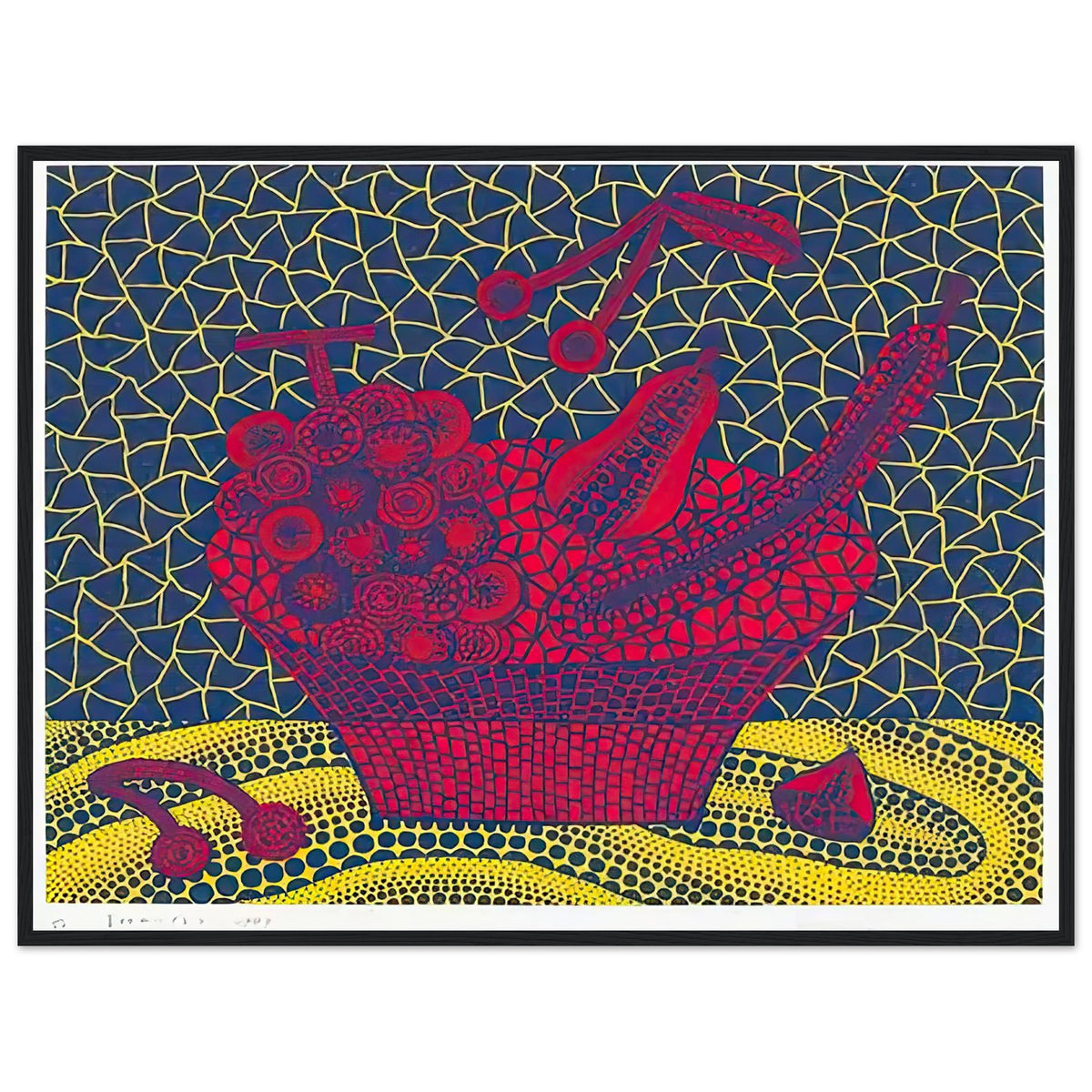 Yayoi Kusama framed print — Fruit Basket (5) by Yayoi Kusama explores one of the artist’s recurring subjects: the abundance of ordinary fruit, black frame, 60x80 cm / 24x32″