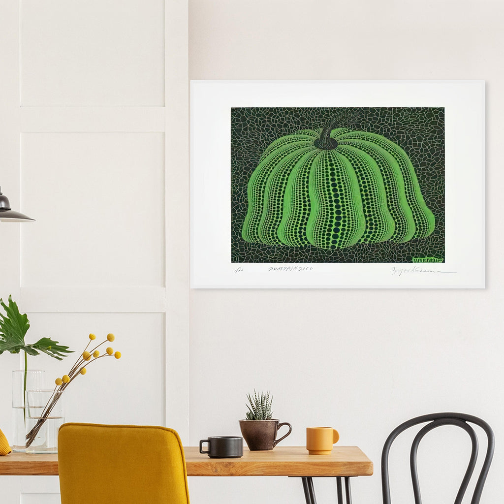 Yayoi Kusama framed print — Pumpkin 2000 (Green) uses a green treatment to reinterpret one of Kusama’s most affectionate subjects