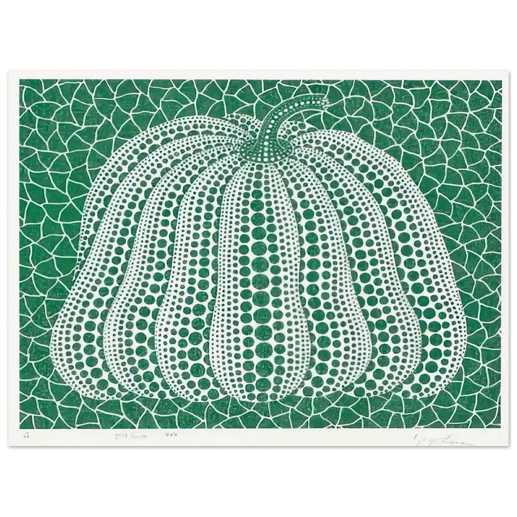 Yayoi Kusama poster — Pumpkin Green presents Kusama’s familiar pumpkin through an explicitly green variation, 15x20 cm / 6x8″