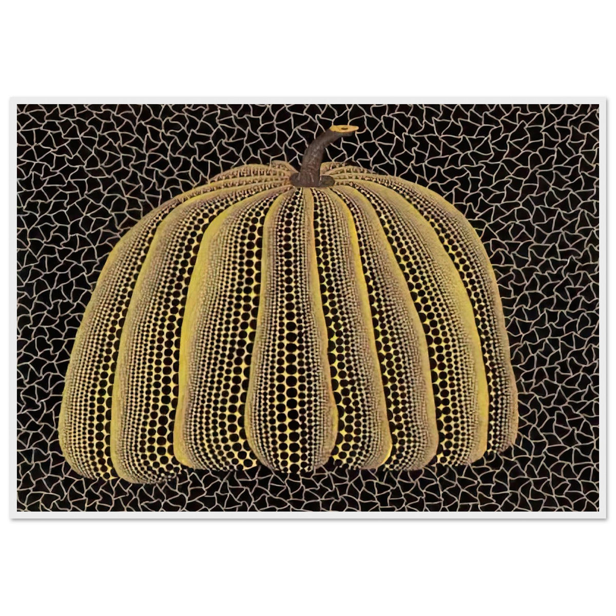 Yayoi Kusama framed print — Pumpkin (Yellow Y) [Kusama 148] presents Kusama’s familiar pumpkin through an explicitly yellow variation, white frame, 70x100 cm / 28x40″