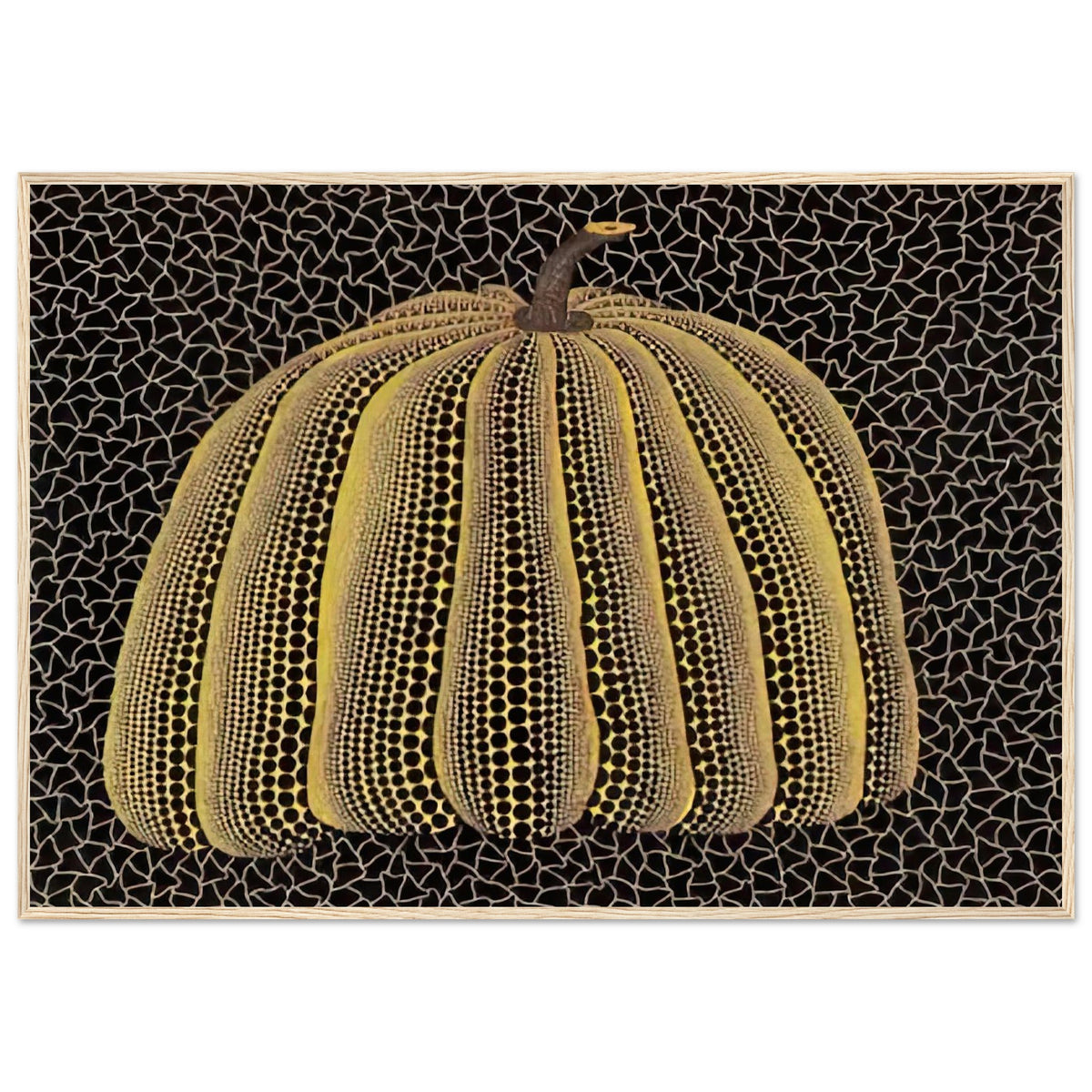 Yayoi Kusama framed print — Pumpkin (Yellow Y) [Kusama 148] presents Kusama’s familiar pumpkin through an explicitly yellow variation, wood frame, 70x100 cm / 28x40″