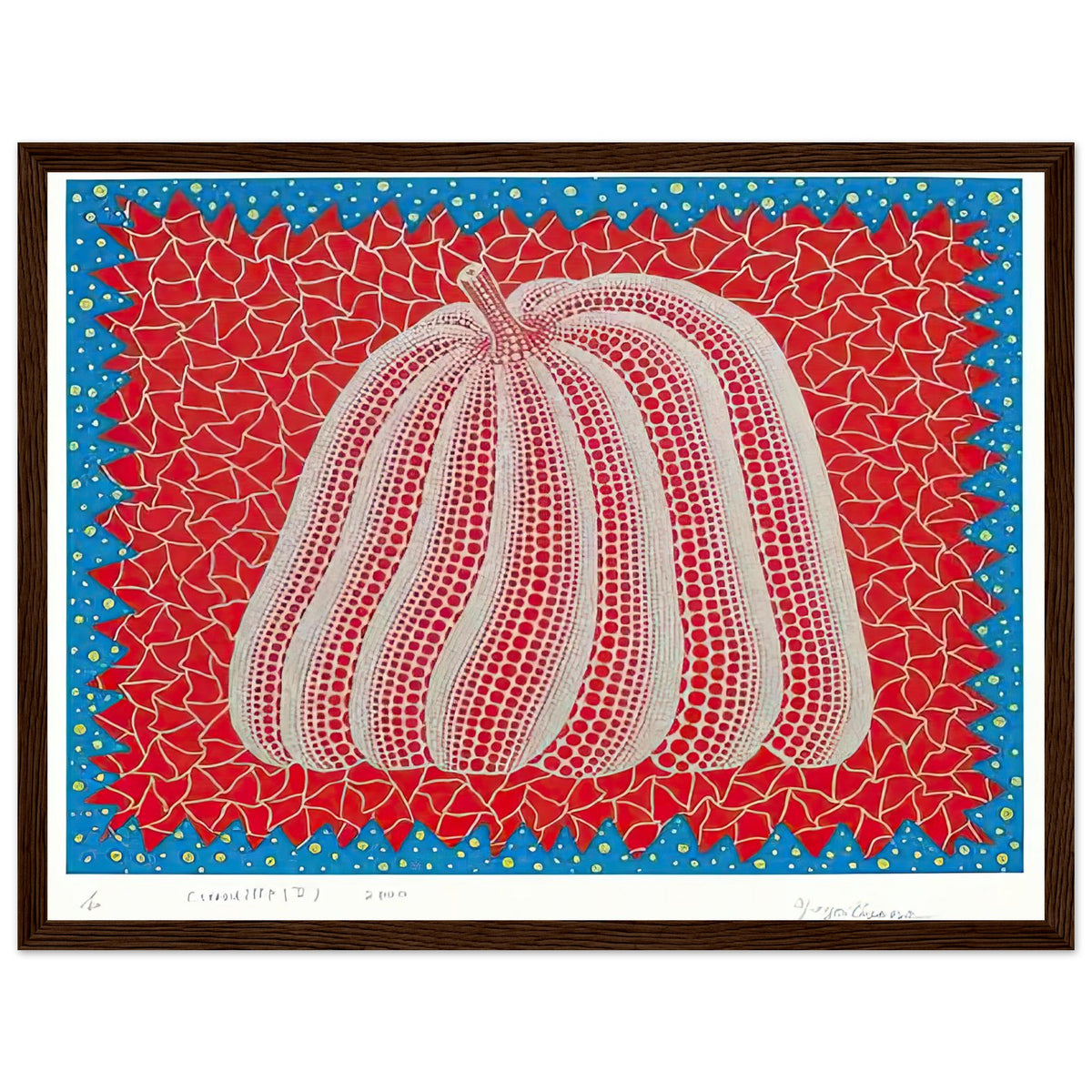 Yayoi Kusama framed print — Citrouille II from Amour pour Toujours gives Kusama’s beloved pumpkin a celebratory role within a portfolio devoted to love, dark wood frame, 30x40 cm / 12x16″