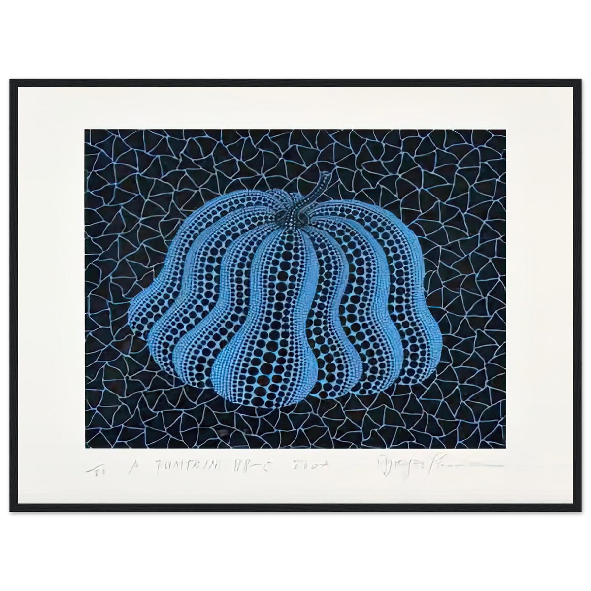 Yayoi Kusama framed print — Pumpkin (BB-C) [Kusama 330] revisits Kusama’s best-known vegetable through the relationship between its distinctive form and repeating ornament, black frame, 60x80 cm / 24x32″