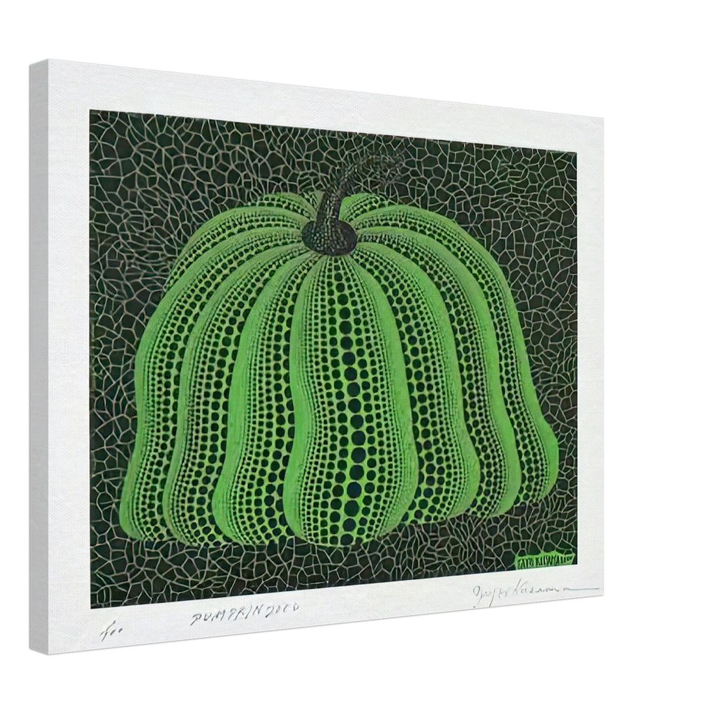 Yayoi Kusama canvas print — Pumpkin 2000 (Green) uses a green treatment to reinterpret one of Kusama’s most affectionate subjects, 45x60 cm / 18x24″