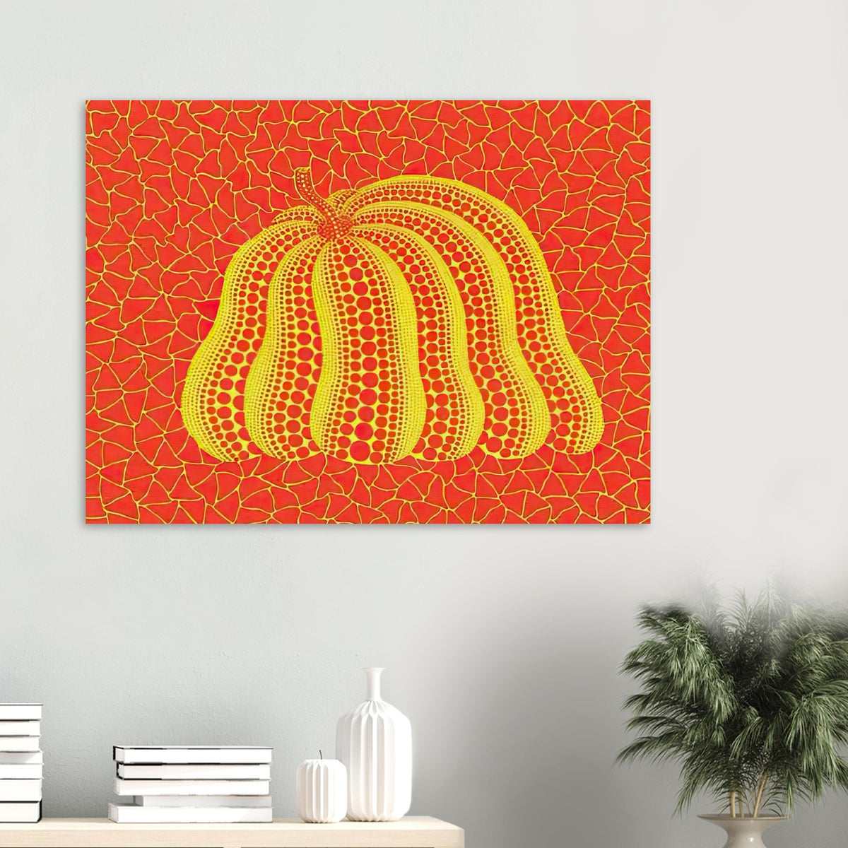 Yayoi Kusama poster — Pumpkin (YOR-A) [Kusama 326] revisits Kusama’s best-known vegetable through the relationship between its distinctive form and repeating ornament