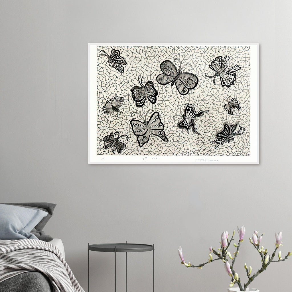 Yayoi Kusama framed print — Butterflies draws on the delicate symmetry and movement of a familiar insect, a recurring subject in Kusama’s printmaking