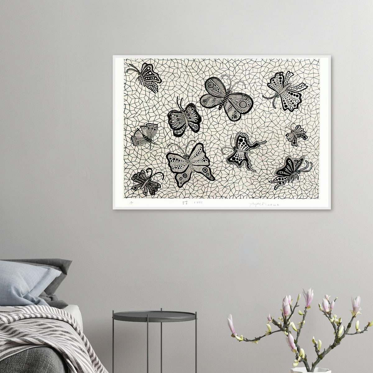 Yayoi Kusama framed print — Butterflies draws on the delicate symmetry and movement of a familiar insect, a recurring subject in Kusama’s printmaking