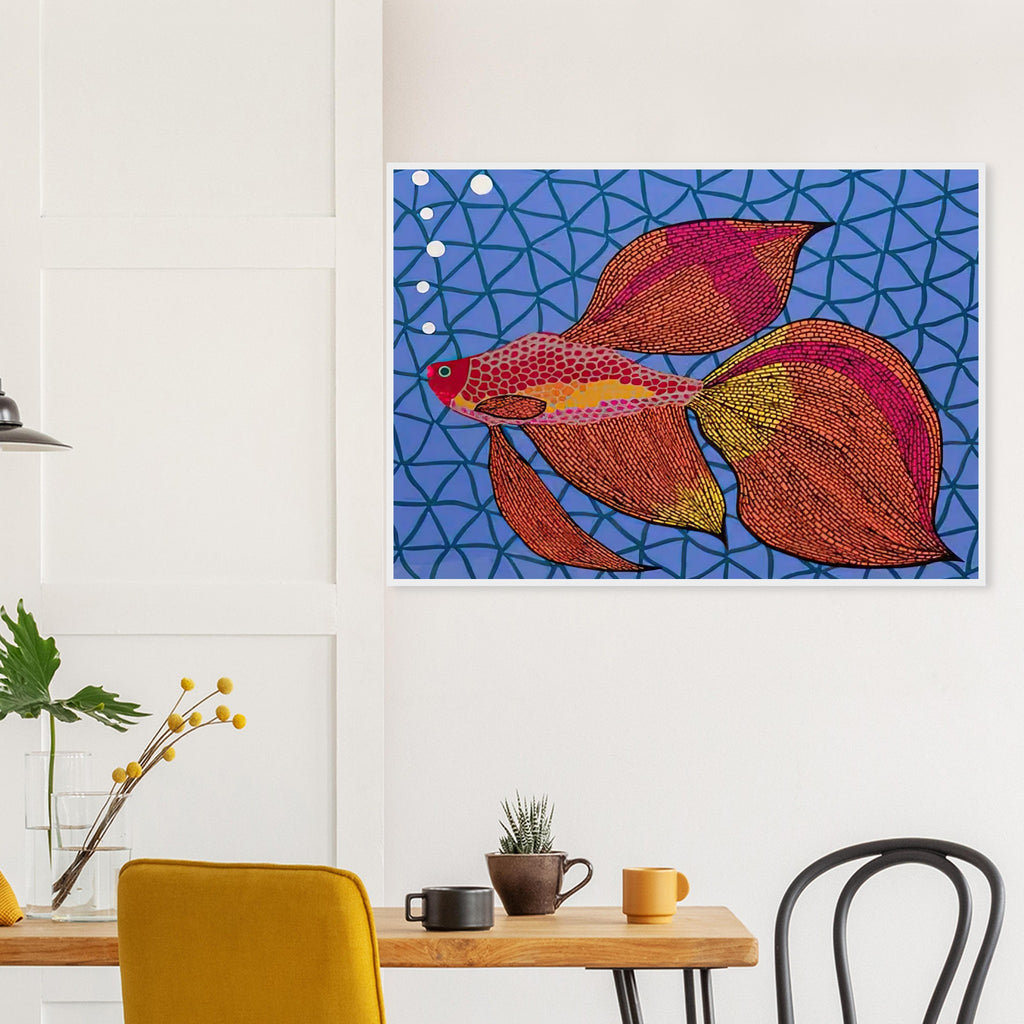 Yayoi Kusama framed print — Goldfish shifts Kusama’s attention from land-based motifs to an aquatic creature whose graceful outline invites a playful graphic treatment