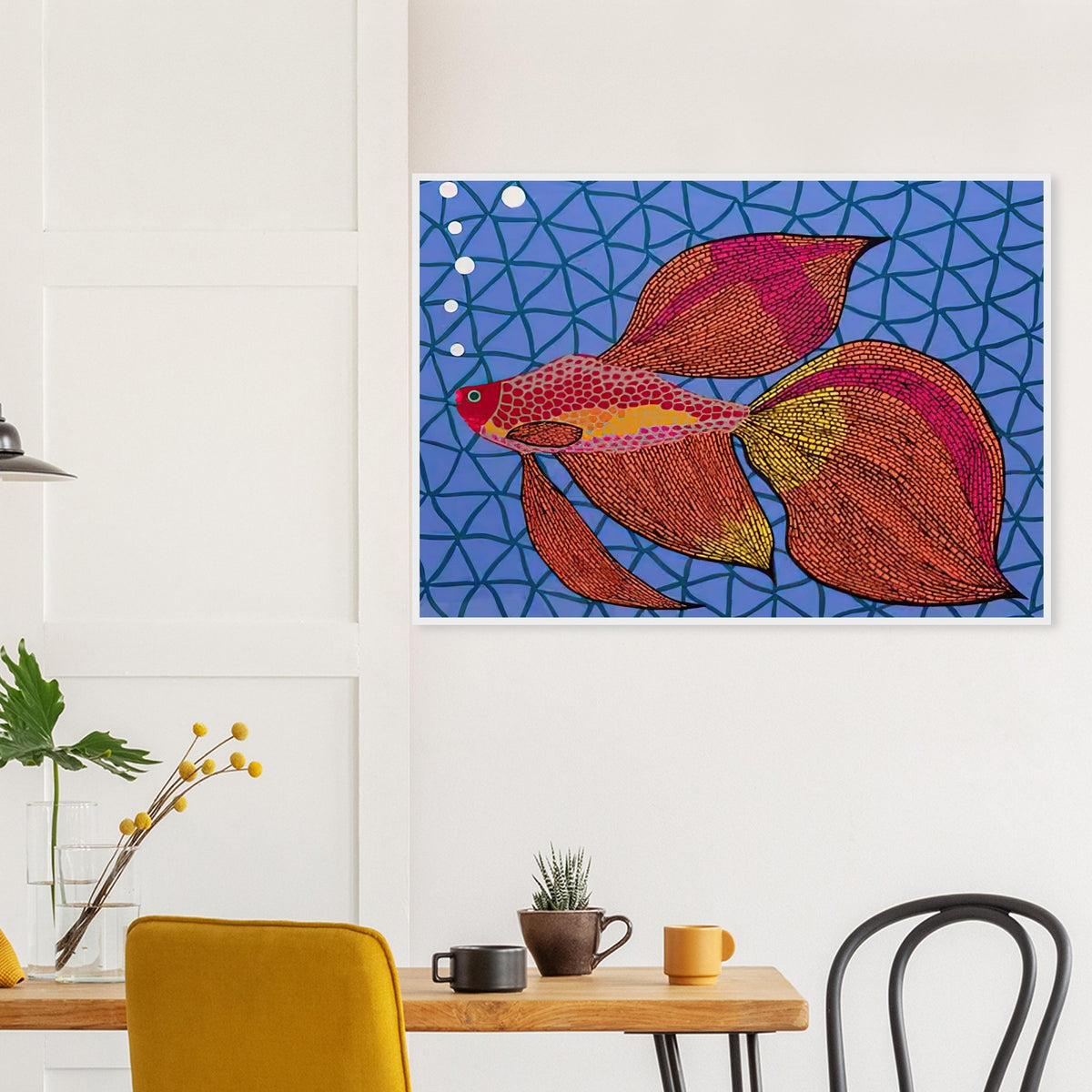 Yayoi Kusama framed print — Goldfish shifts Kusama’s attention from land-based motifs to an aquatic creature whose graceful outline invites a playful graphic treatment