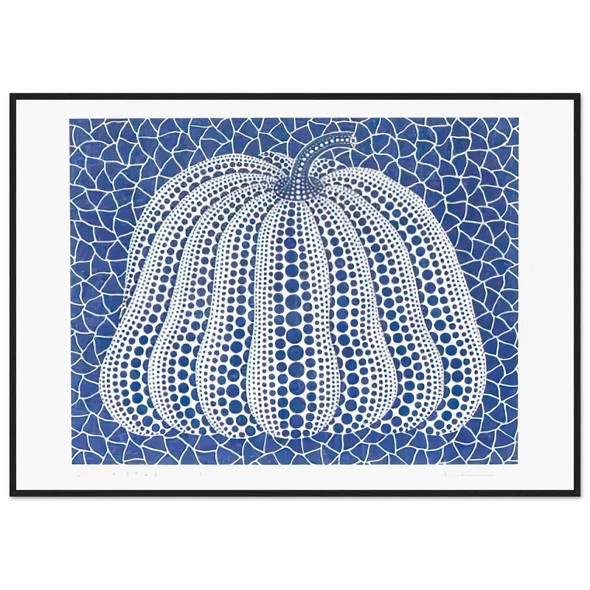 Yayoi Kusama framed print — Pumpkin (Blue, Version 2) presents Kusama’s familiar pumpkin through an explicitly blue variation, black frame, 70x100 cm / 28x40″