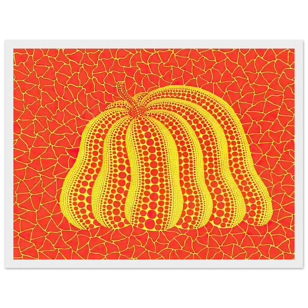 Yayoi Kusama framed print — Pumpkin (YOR-A) [Kusama 326] revisits Kusama’s best-known vegetable through the relationship between its distinctive form and repeating ornament, white frame, 30x40 cm / 12x16″