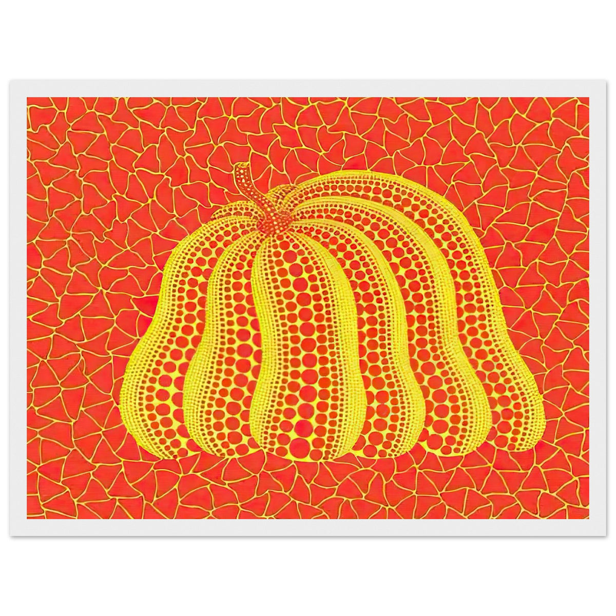 Yayoi Kusama framed print — Pumpkin (YOR-A) [Kusama 326] revisits Kusama’s best-known vegetable through the relationship between its distinctive form and repeating ornament, white frame, 30x40 cm / 12x16″