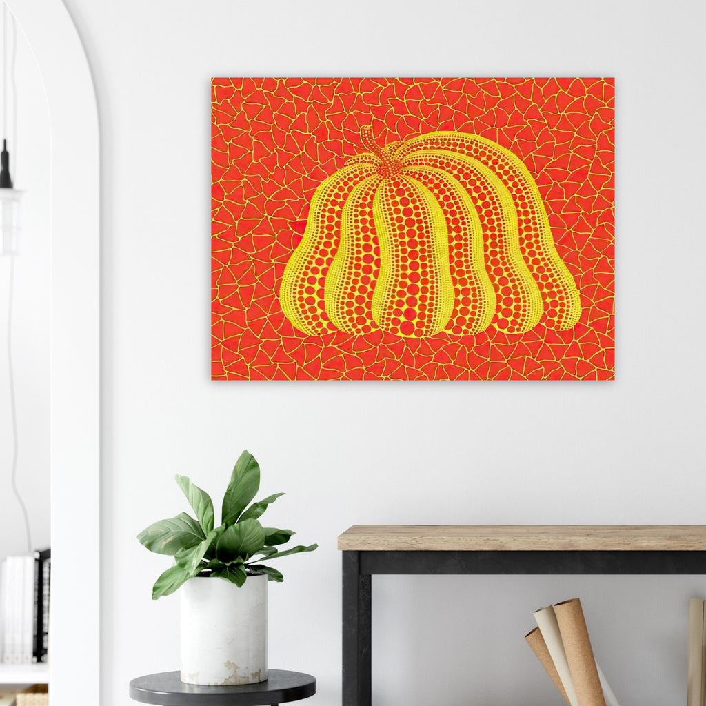 Yayoi Kusama poster — Pumpkin (YOR-A) [Kusama 326] revisits Kusama’s best-known vegetable through the relationship between its distinctive form and repeating ornament