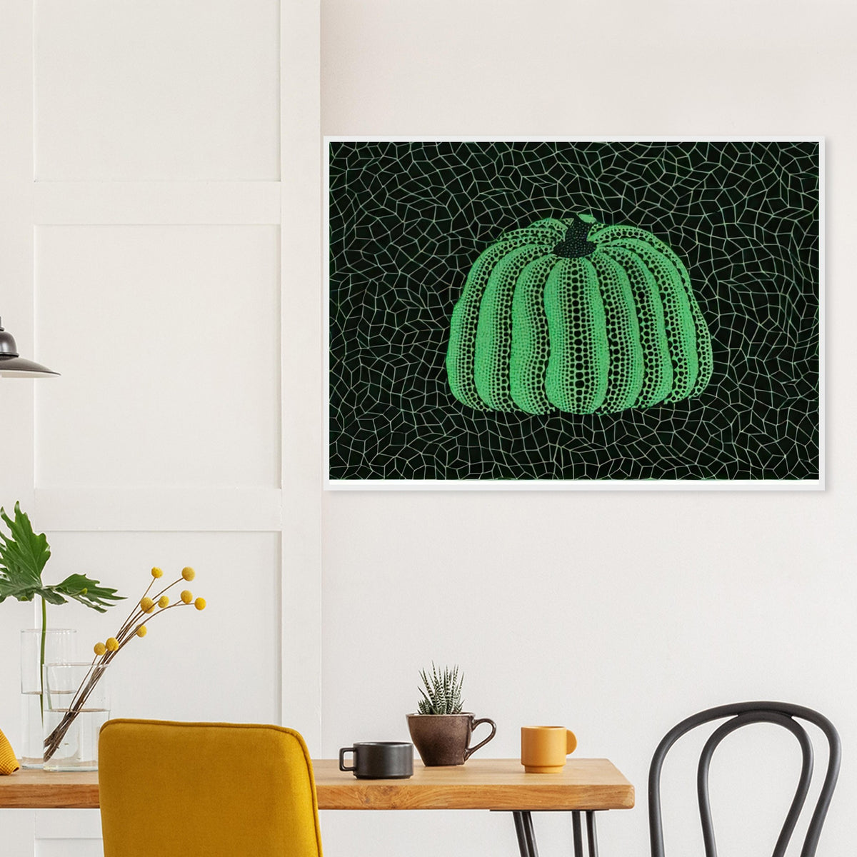 Yayoi Kusama framed print — Pumpkin (Green, Version 2) presents Kusama’s familiar pumpkin through an explicitly green variation