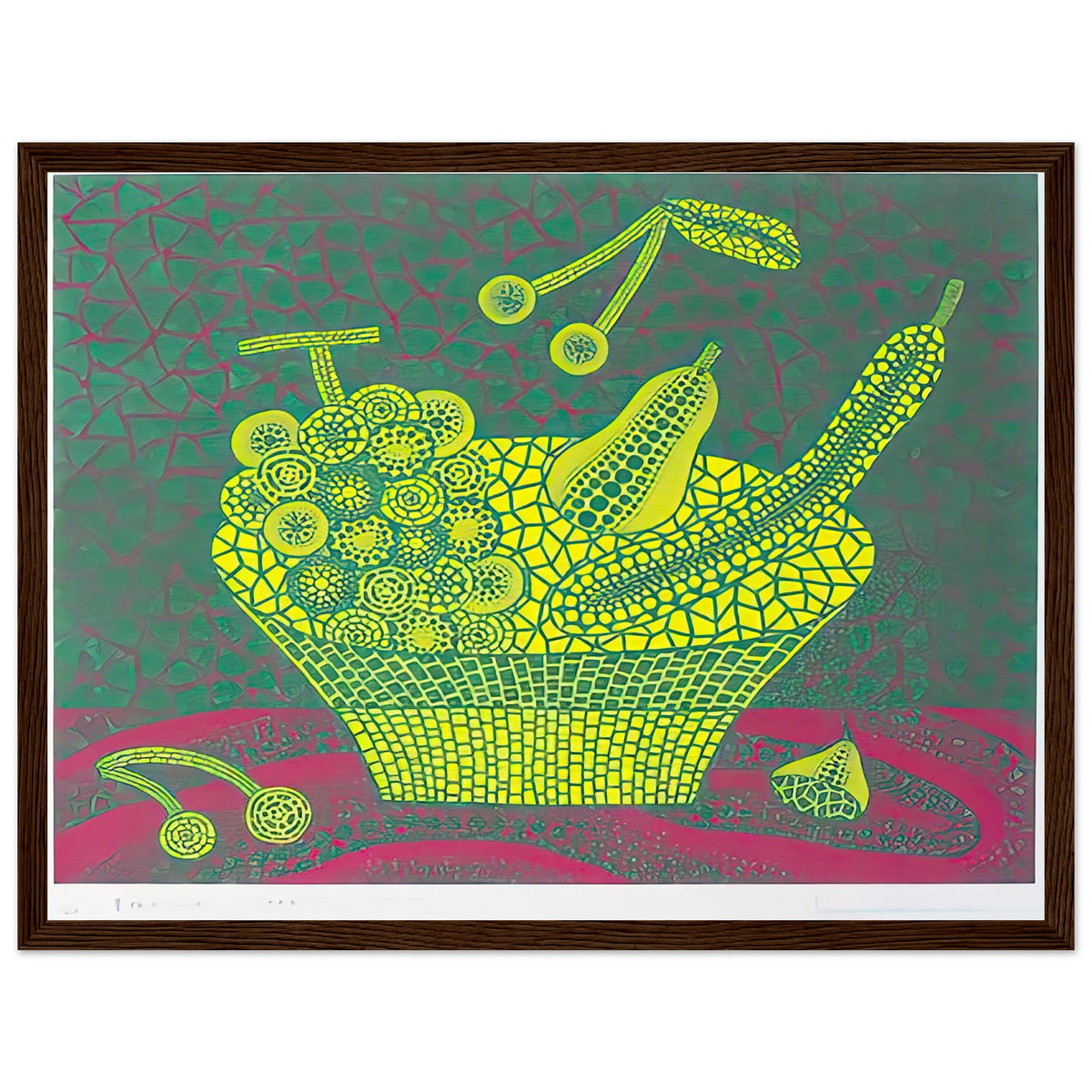 Yayoi Kusama framed print — Fruit Basket (4) by Yayoi Kusama explores one of the artist’s recurring subjects: the abundance of ordinary fruit, dark wood frame, 30x40 cm / 12x16″