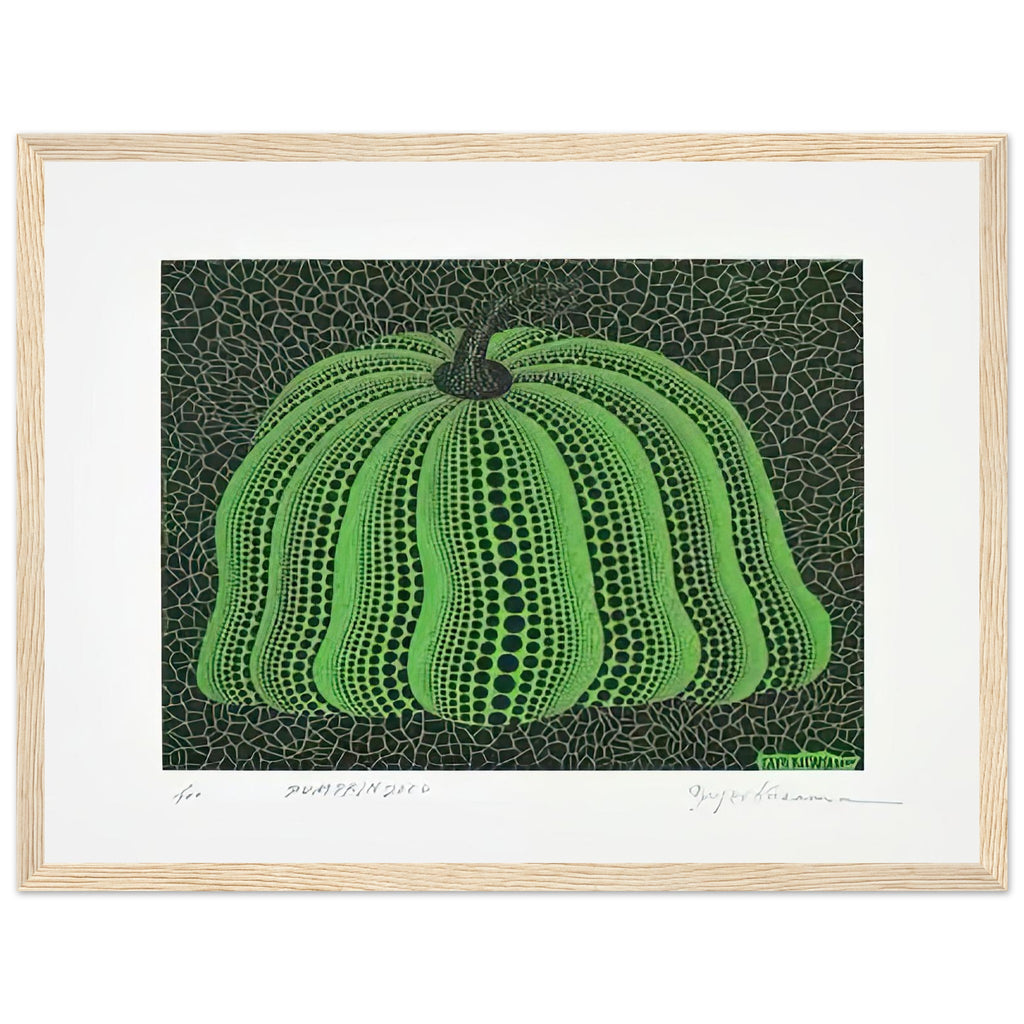 Yayoi Kusama framed print — Pumpkin 2000 (Green) uses a green treatment to reinterpret one of Kusama’s most affectionate subjects