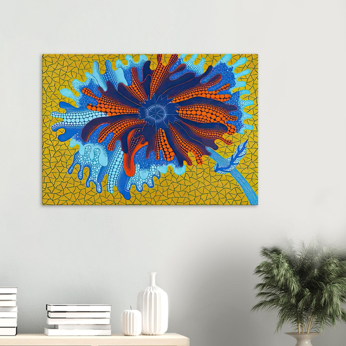 Yayoi Kusama canvas print — Flower (B) treats a single flowering motif as a complete visual world