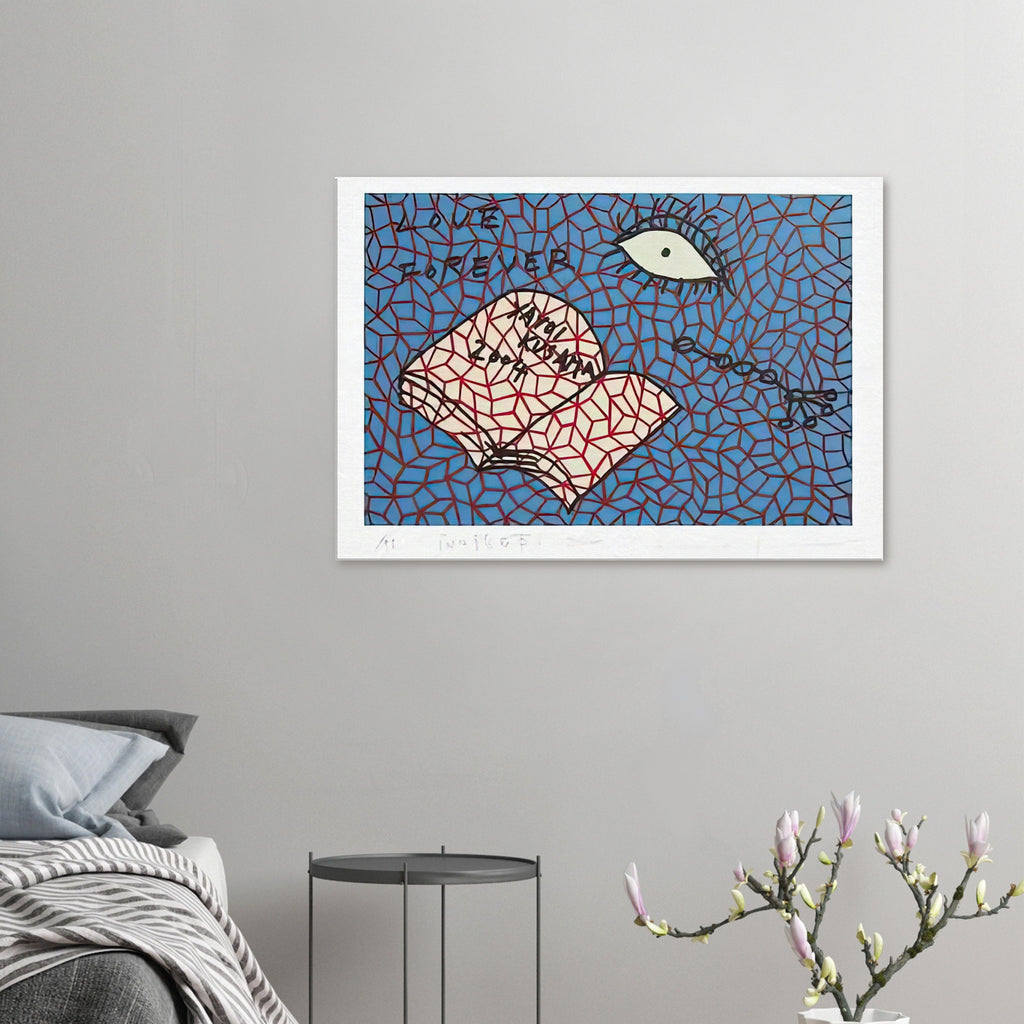 Yayoi Kusama canvas print — Book to Read at Night E places an illustrated book at the center of a strange, poetic visual world