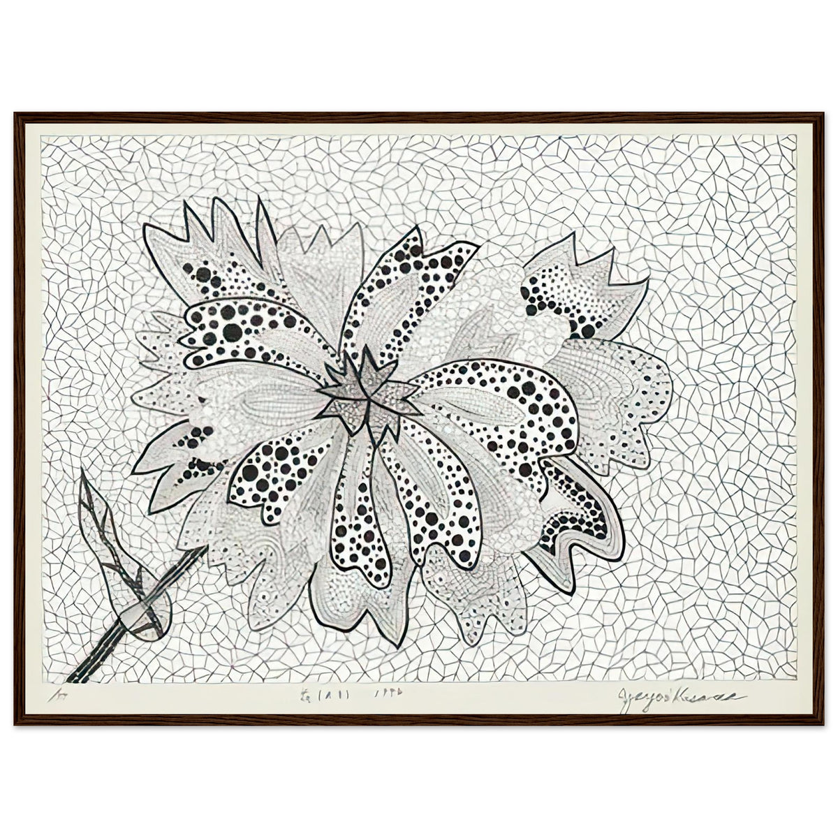 Yayoi Kusama framed print — Flower (A–B) places two designated botanical variations together in a single listing, dark wood frame, 60x80 cm / 24x32″