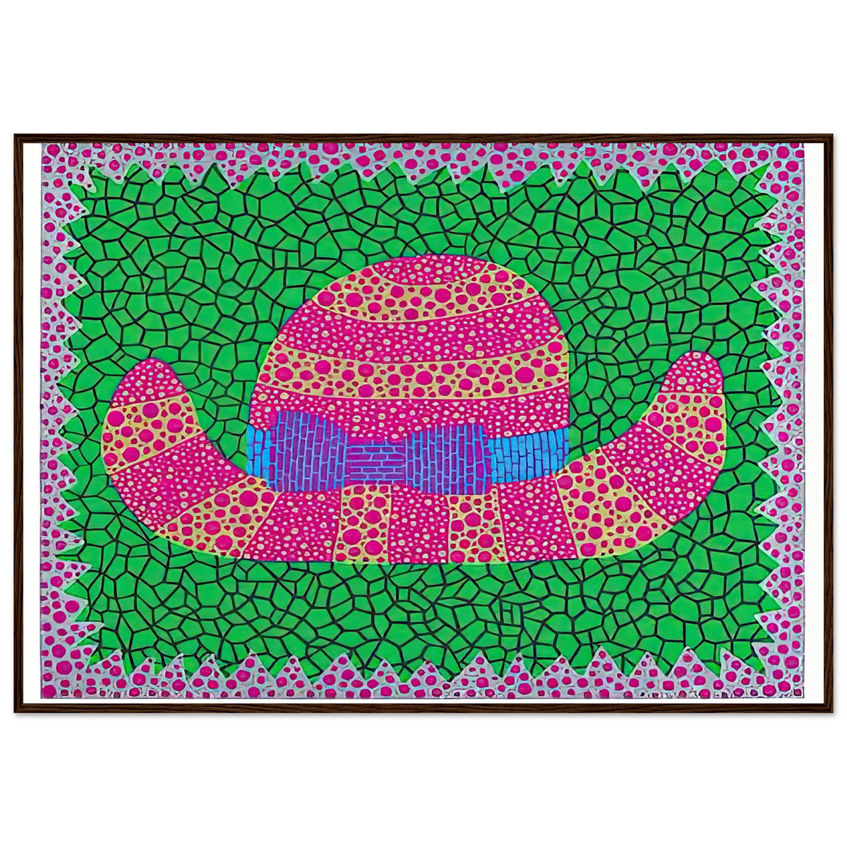 Yayoi Kusama framed print — Hat II turns an everyday hat into a subject for playful observation, dark wood frame, 70x100 cm / 28x40″