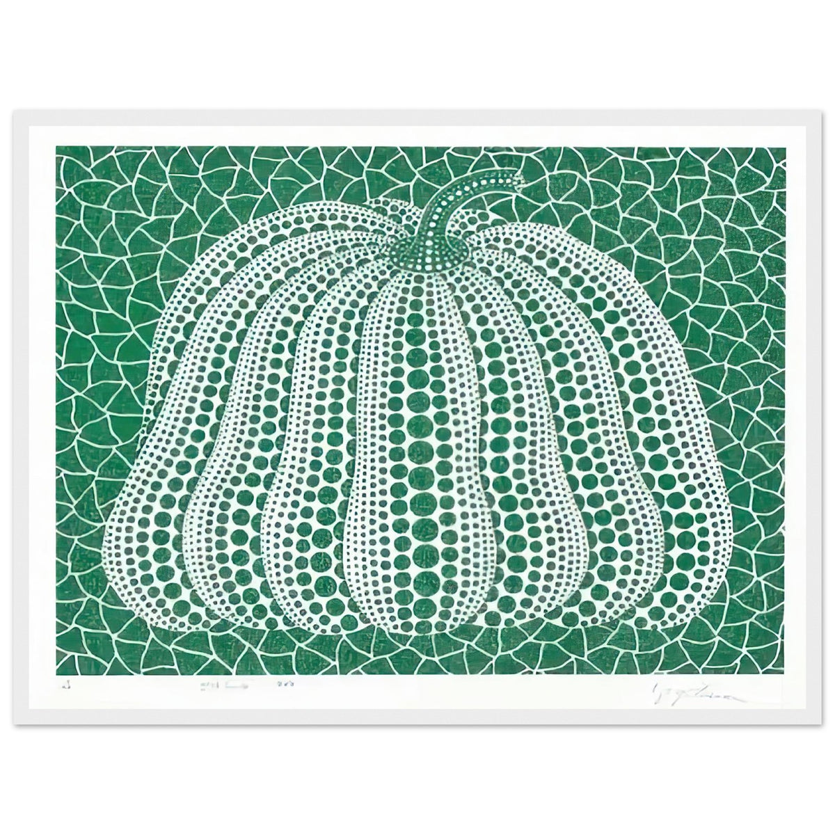 Yayoi Kusama framed print — Pumpkin Green presents Kusama’s familiar pumpkin through an explicitly green variation, white frame, 45x60 cm / 18x24″