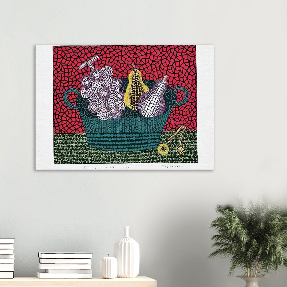 Yayoi Kusama canvas print — Panier de Fruits I from Amour pour Toujours turns a basket of fruit into a lively decorative still life