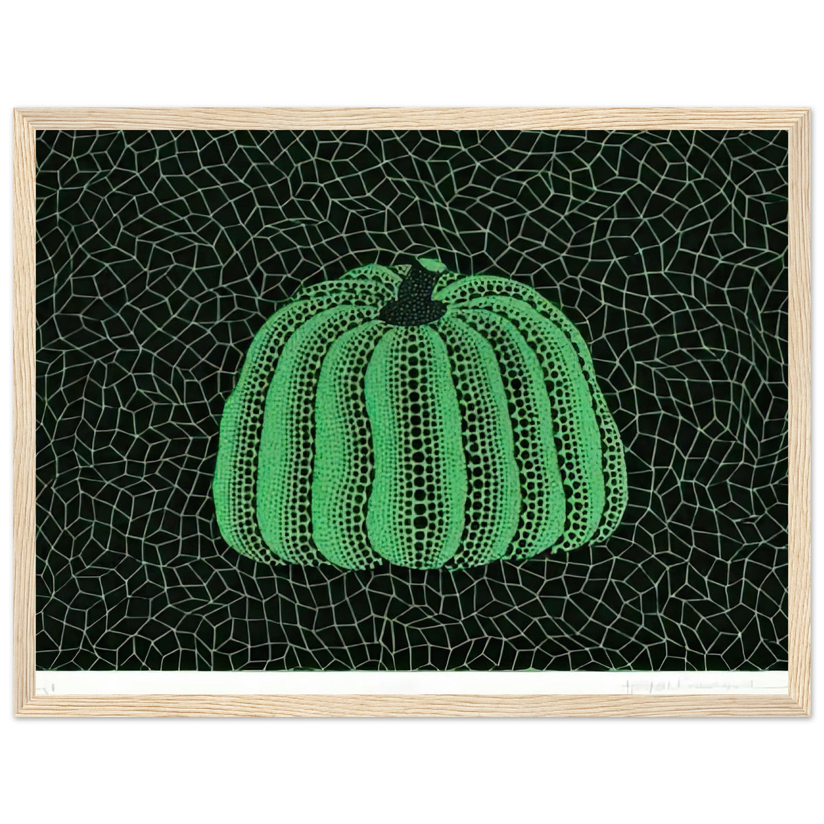 Yayoi Kusama framed print — Pumpkin (Green, Version 2) presents Kusama’s familiar pumpkin through an explicitly green variation, wood frame, 30x40 cm / 12x16″