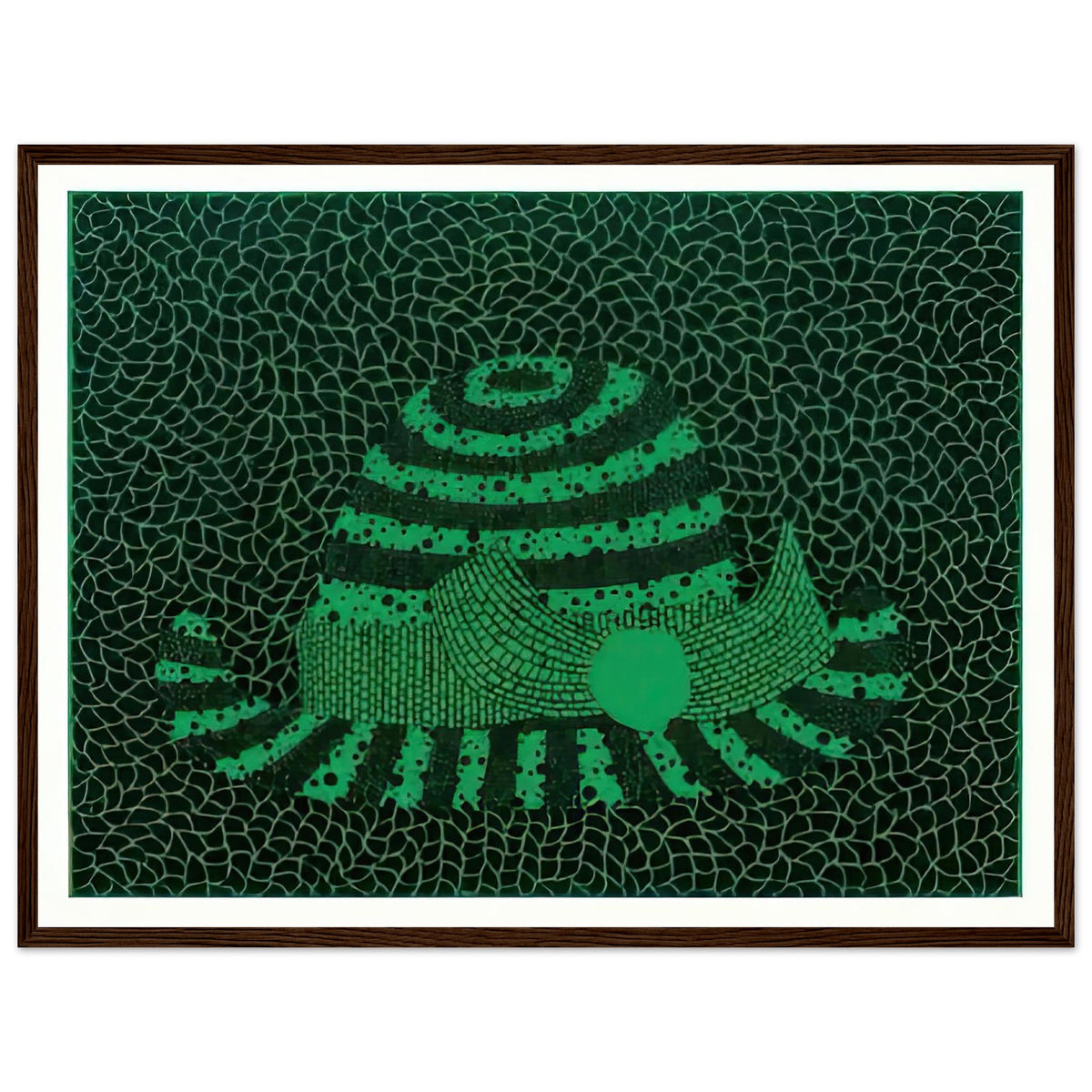 Yayoi Kusama framed print — Hat (Green) presents a familiar accessory as an exercise in changing color and graphic character, dark wood frame, 45x60 cm / 18x24″