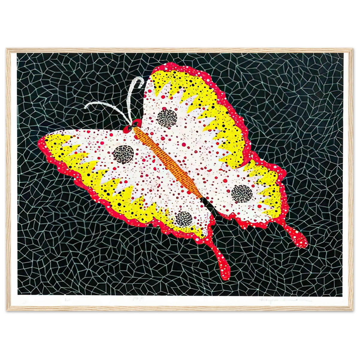 Yayoi Kusama framed print — Butterfly [Kusama 81] by Yayoi Kusama takes the lightness of a butterfly and gives it graphic intensity through pattern, wood frame, 60x80 cm / 24x32″