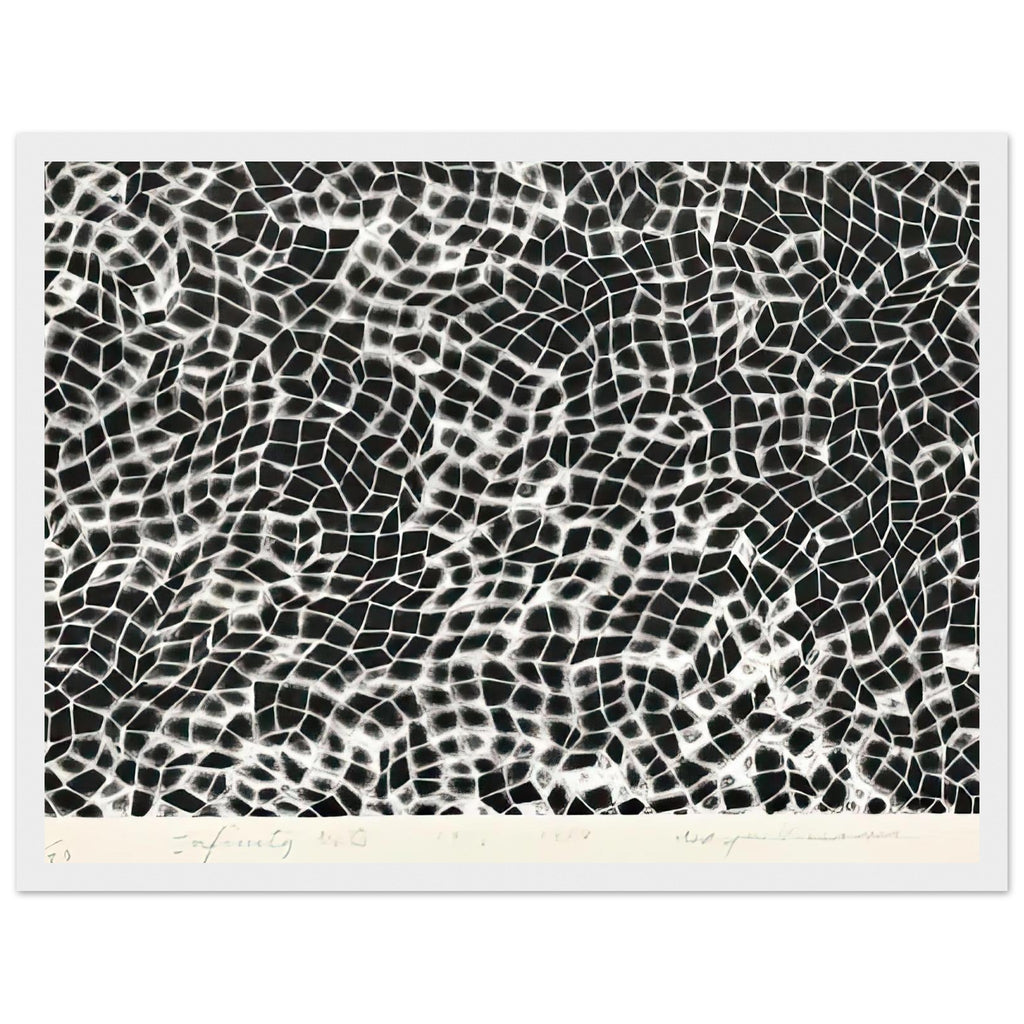 Yayoi Kusama framed print — Infinity Nets (Image 4) explores Kusama’s Infinity Net as a field built from countless repeated marks, white frame, 30x40 cm / 12x16″