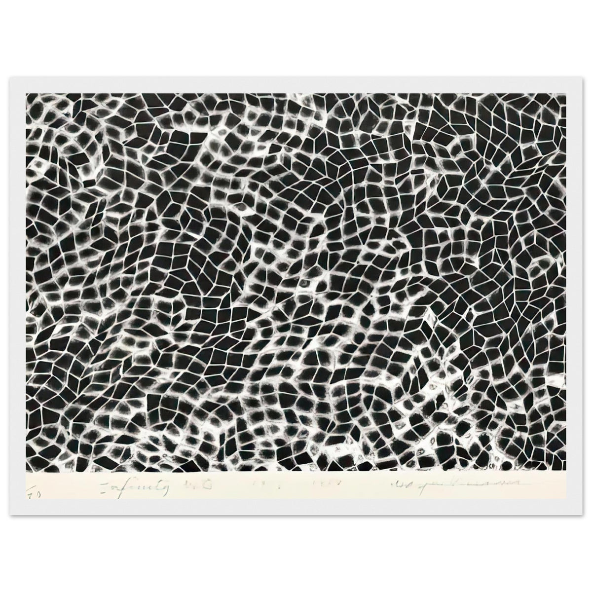 Yayoi Kusama framed print — Infinity Nets (Image 4) explores Kusama’s Infinity Net as a field built from countless repeated marks, white frame, 30x40 cm / 12x16″