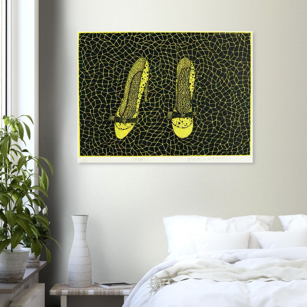 Yayoi Kusama poster — Shoes (3) turns a footwear object into an image about shape, balance and individuality