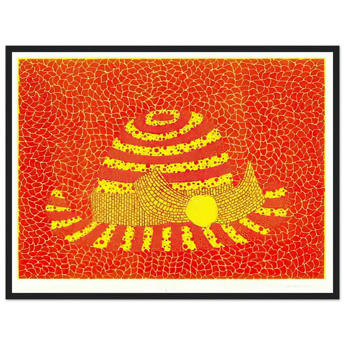 Yayoi Kusama framed print — Hat (Orange) presents a familiar accessory as an exercise in changing color and graphic character, black frame, 45x60 cm / 18x24″
