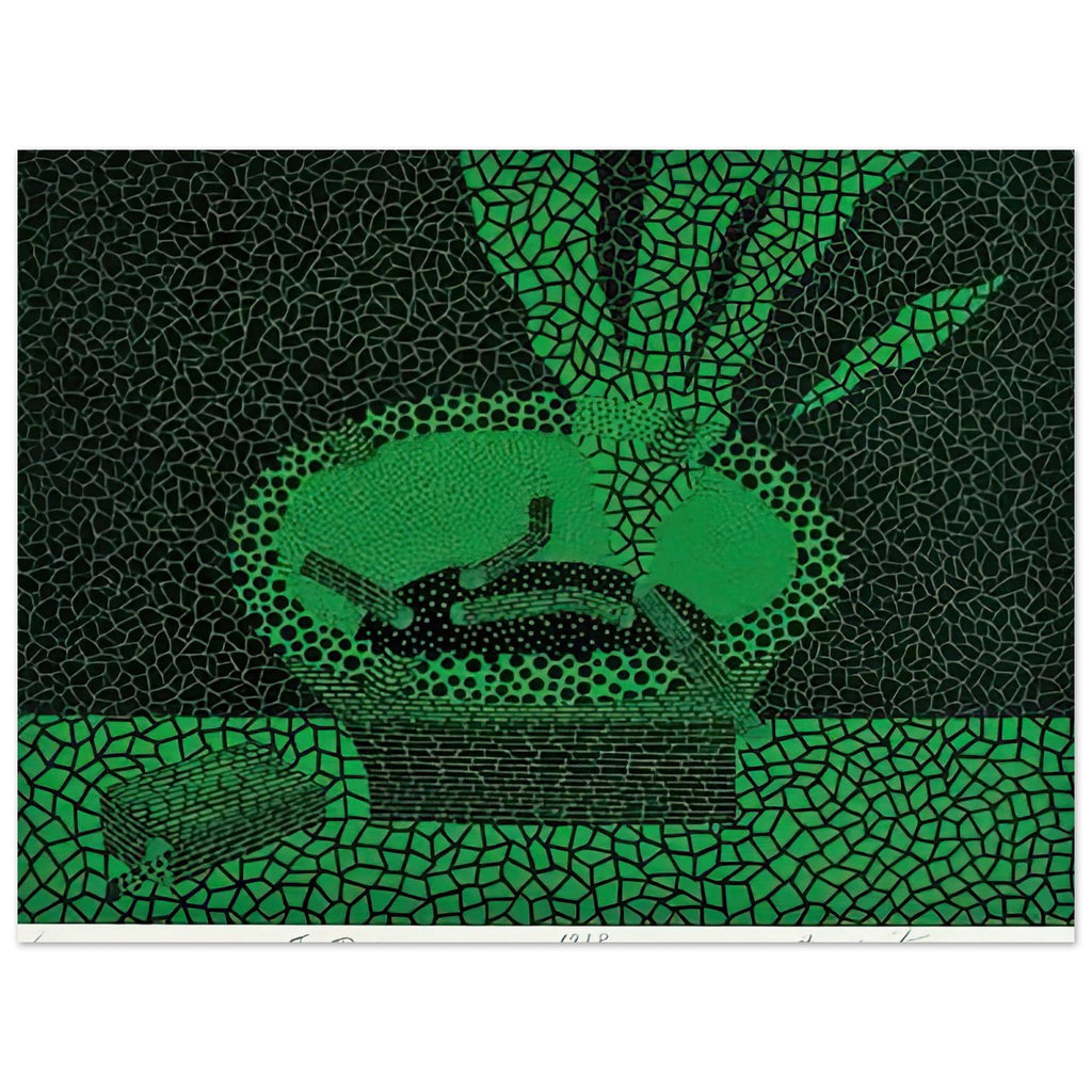 Yayoi Kusama poster — The familiar outline of an ashtray becomes unexpectedly compelling in this early Kusama still-life subject, 15x20 cm / 6x8″