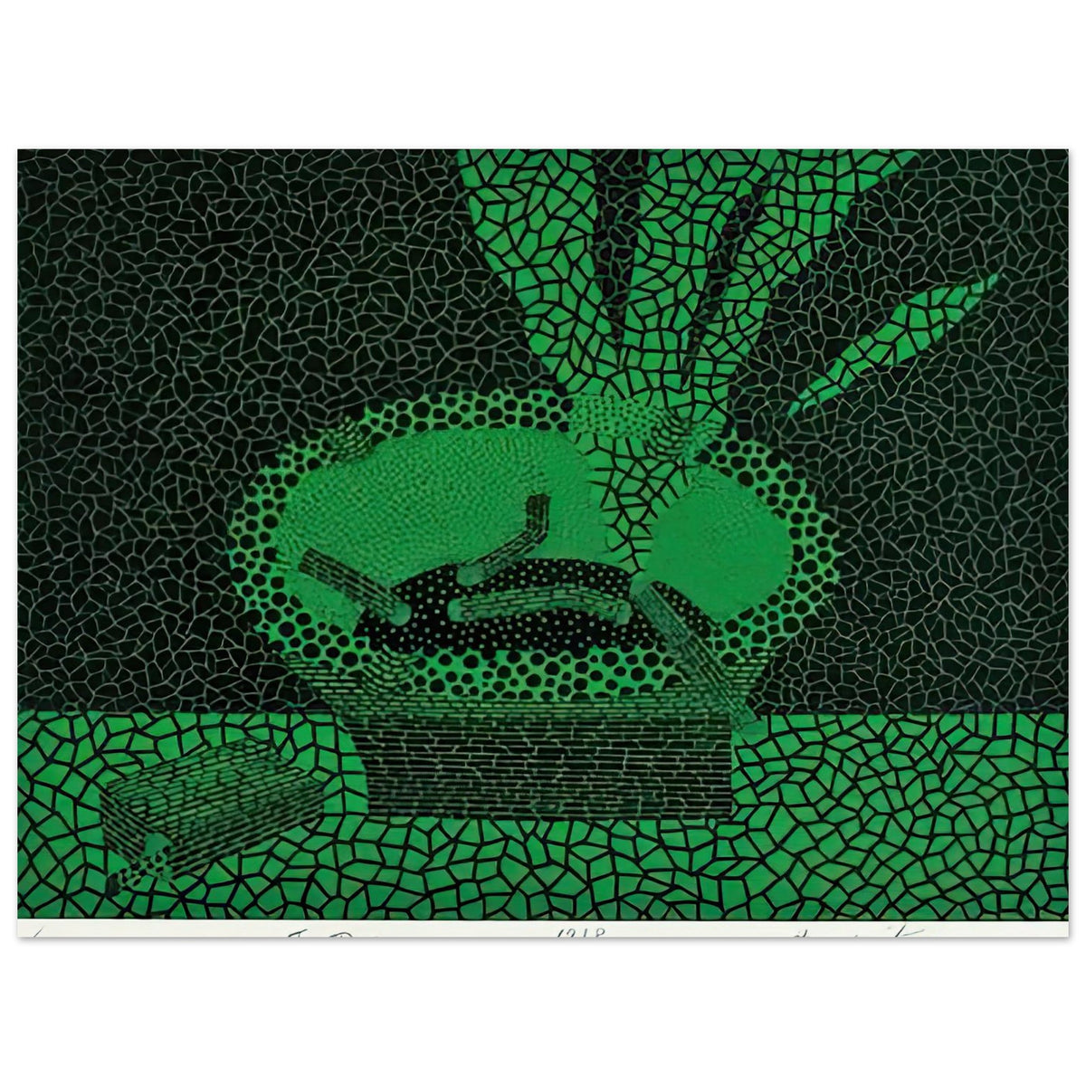 Yayoi Kusama poster — The familiar outline of an ashtray becomes unexpectedly compelling in this early Kusama still-life subject, 15x20 cm / 6x8″