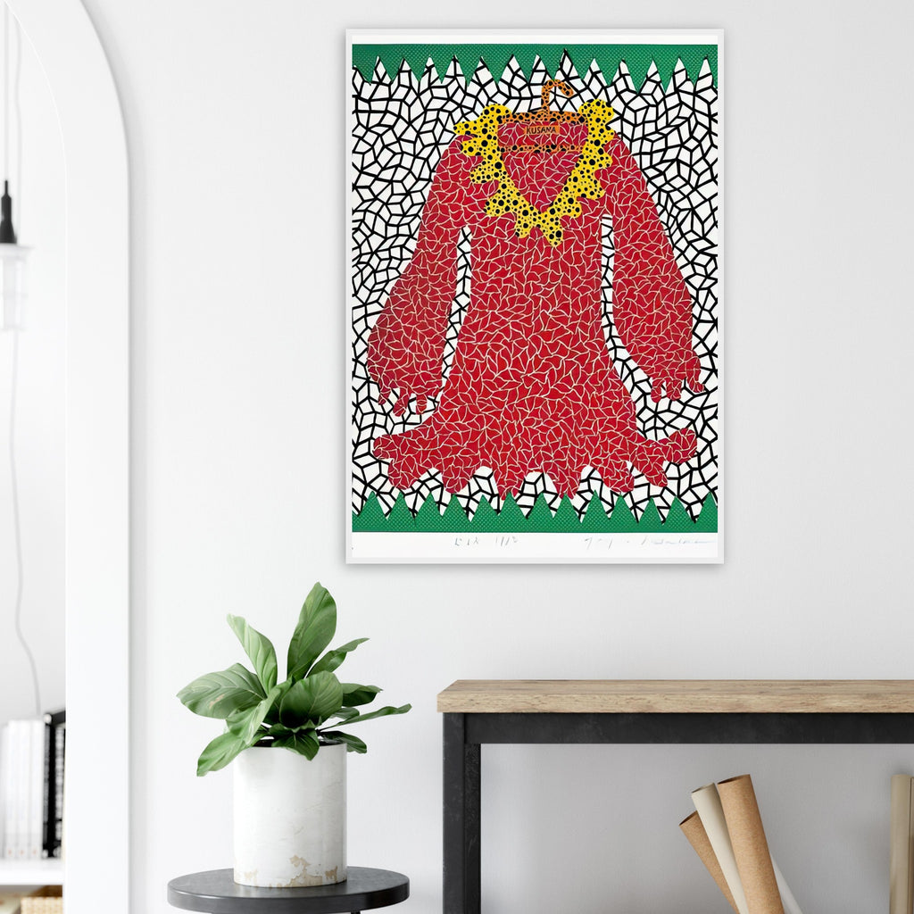Yayoi Kusama framed print — This second numbered Dress design returns to the garment as a graphic form, shifting attention from who might wear it to the design’s shape and surface