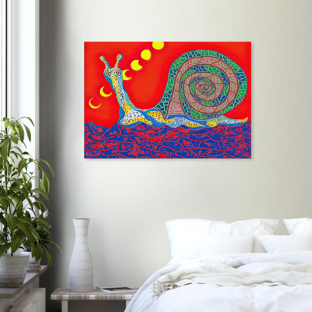 Yayoi Kusama canvas print — Snail takes a slow-moving creature and makes its spiral shell and delicate movement the center of attention